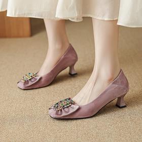 【预售5天】法式蝴蝶结水钻浅口气质单鞋方头女鞋软皮中跟高跟鞋HYT&MS-7429