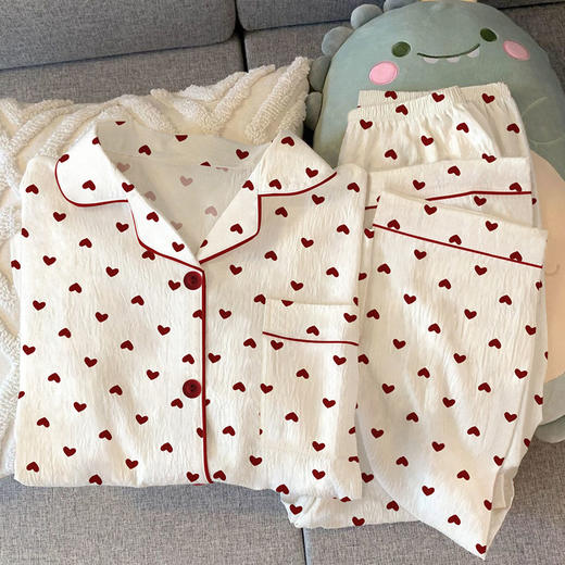 温柔风少女爱心开衫睡衣可外穿春季新款皱皱布家居服长袖套装新款新品学生可爱新款家居服 商品图1