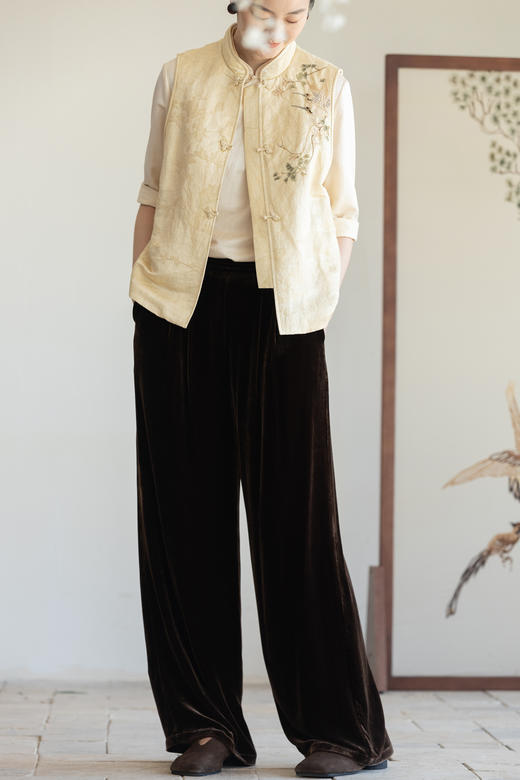 牧衣游原创 丝绒净色长裤简约显瘦宽松垂感松紧腰百搭休闲裤 未绿 商品图5