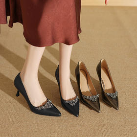 【预售5天】枪色高跟鞋女细跟名媛水钻职业通勤宴会黑色浅口单鞋ZF&25077