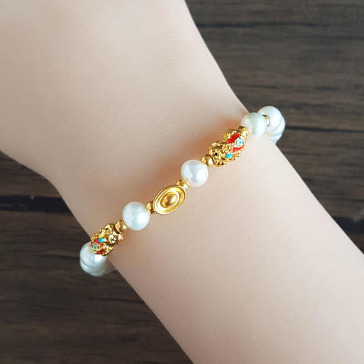 【天然正品】AU999黄金瑞兽元宝造型（招财辟邪）白色约6.1MM珍珠手串女士300825NJM37现售价：1080特价 商品图6