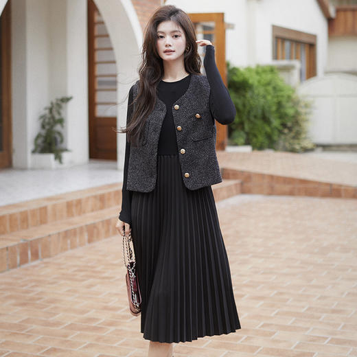 秋季新款法式氛围感小香风马甲背心气质百褶连衣裙套装HR-AIMI29998 商品图2