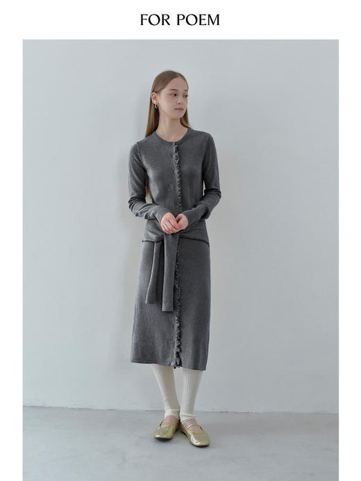 ForPoem 现货 25/FW原创设计荷叶边绑带设计深灰色长款羊毛针织开衫 商品图2