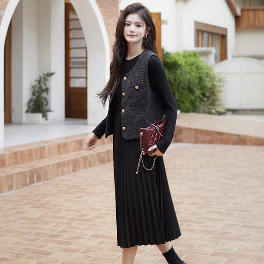 秋季新款法式氛围感小香风马甲背心气质百褶连衣裙套装HR-AIMI29998 商品图3