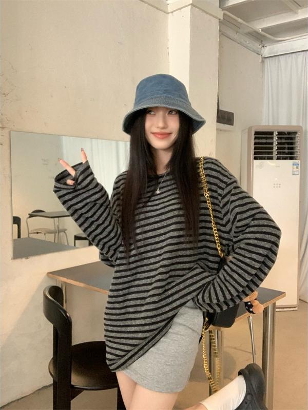 49元撞色条纹长袖T  早秋老钱风慵懒松弛感休闲中长款宽松上衣女