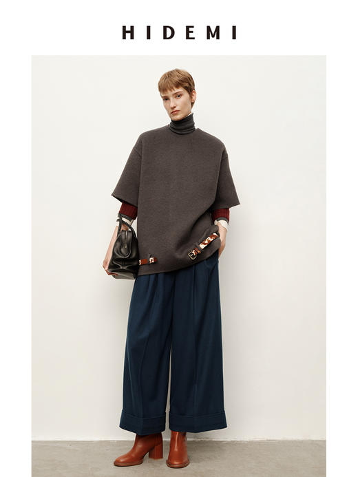 HIDEMI 甄选羊驼毛系列混纺极简圆领廓形短袖套头大衣外套 商品图1