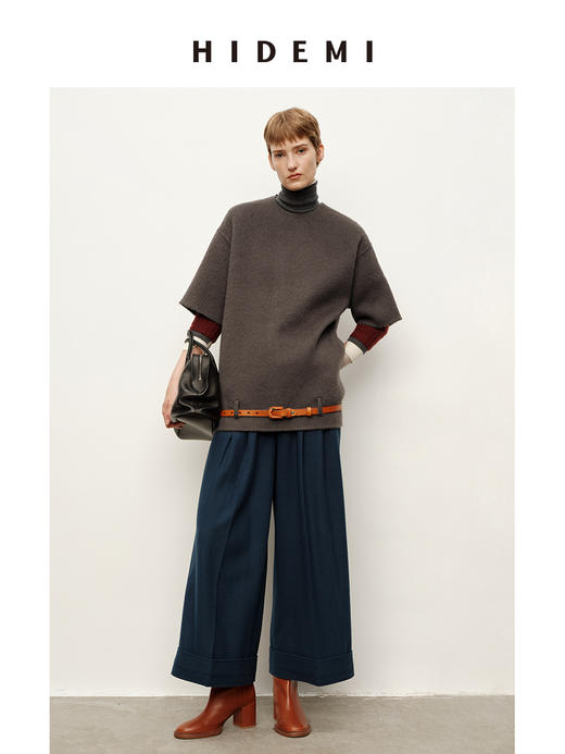 HIDEMI 甄选羊驼毛系列混纺极简圆领廓形短袖套头大衣外套 商品图2