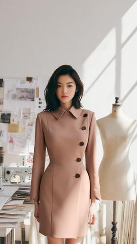 HN 不对称领斜门襟设计袖口风衣