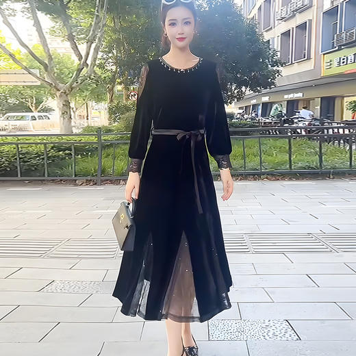 气质优雅系带收腰，洋气金丝绒连衣裙QYM-YJ25XY603 商品图3