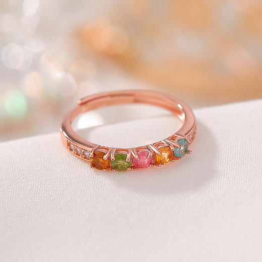 碧玺彩宝银手饰S925纯银玫瑰金色，彩色五连圆珠戒指CW-JZ07035 商品图1