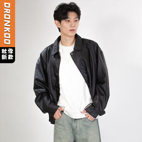 DRONKOO 2025 翻领前后破缝荔枝纹下摆橡筋微阔中厚皮衣