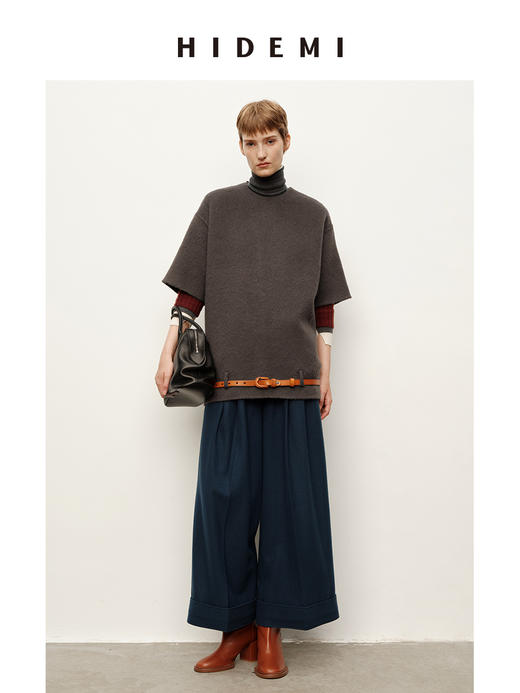 HIDEMI 甄选羊驼毛系列混纺极简圆领廓形短袖套头大衣外套 商品图0