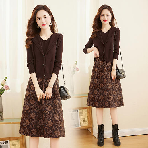 时尚显瘦立体提花，拼接针织两件套连衣裙HR-YBER336 商品图0
