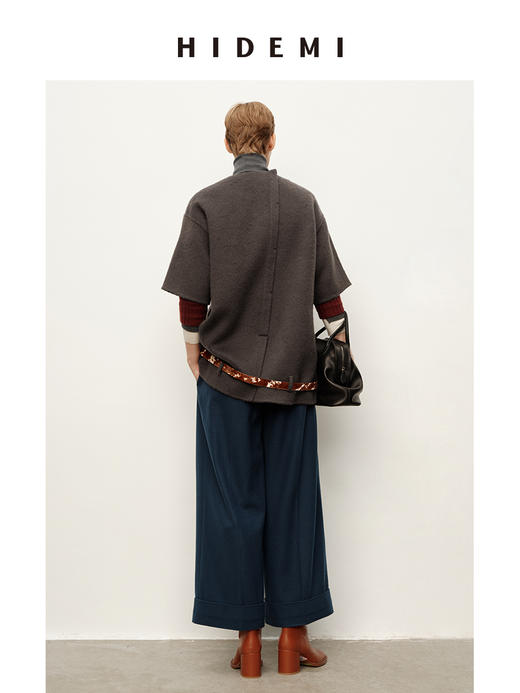 HIDEMI 甄选羊驼毛系列混纺极简圆领廓形短袖套头大衣外套 商品图6