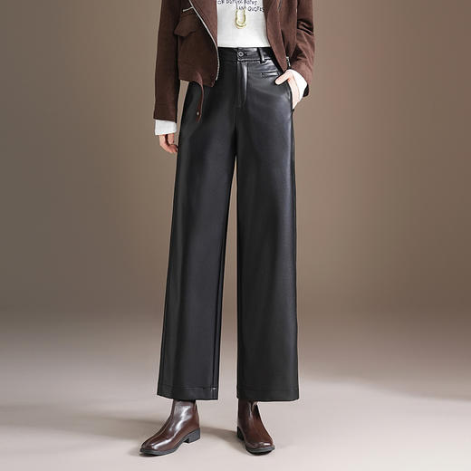 MYX小个子九分PU皮裤2025年秋季新款垂感修身直筒裤减龄洋气阔腿裤女 商品图0