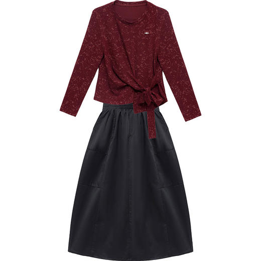 QYM 25XY11-Y蝴蝶结系带T恤衫+高腰牛仔半身裙气质两件套裙 商品图4