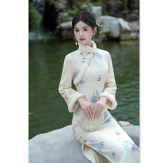 SKY 901454改良加绒加厚日常气质中式国风旗袍裙 商品图2