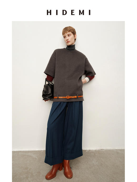 HIDEMI 甄选羊驼毛系列混纺极简圆领廓形短袖套头大衣外套 商品图3