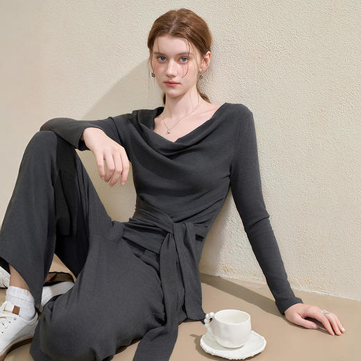 西遇气质休闲针织套装女秋季荡领长袖T恤直筒休闲裤两件套V2951194 商品图0