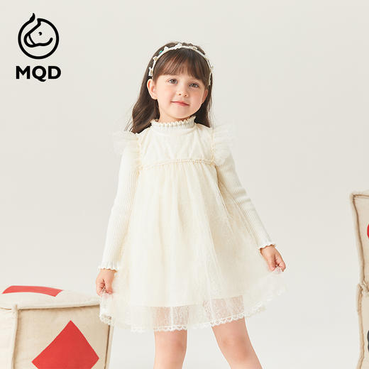 【MQD】女小童秋季拼接蕾丝假两件连衣裙套装 商品图1