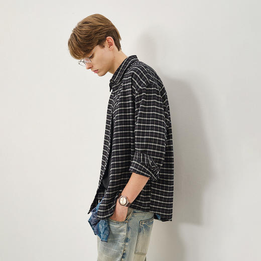 714street绒感磨毛复格子衬衫男2025秋冬老钱风宽松长袖衬衣外套 商品图1