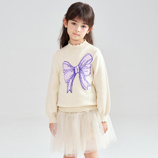 笛莎Deesha 2025冬季新款女童甜美蝴蝶结提花半高领套头针织衫 商品图3