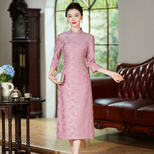 2025秋新礼服 粉色蕾丝旗袍婚庆礼服喜婆婆连衣裙TQ59 商品图0