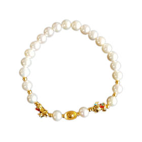 【天然正品】AU999黄金瑞兽元宝造型（招财辟邪）白色约6.1MM珍珠手串女士300825NJM37现售价：1080特价