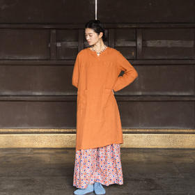 绽放557朵/重磅皱纹砂洗亚麻开V领宽松文艺长袖中长款连衣裙女秋