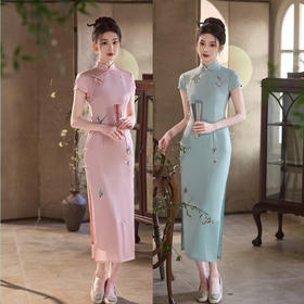 纯色长款绣花短袖旗袍新款复古国风年轻女士宴会修身旗袍