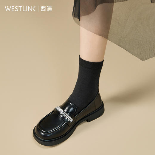 西遇黑色乐福鞋女新款秋季百搭一脚蹬通勤单鞋软底低跟小皮鞋K1857090 商品图2