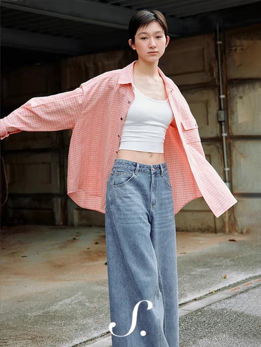 shyshystill/shy202411042/“桃粉奶酪”翻领口袋撞色纽扣格纹衬衫 商品图2