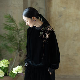牧衣游原创 丝绒手工刺绣套头衫女秋禅意复古宽松新中式上衣 吉遇