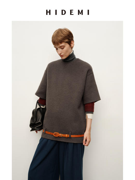 HIDEMI 甄选羊驼毛系列混纺极简圆领廓形短袖套头大衣外套 商品图5