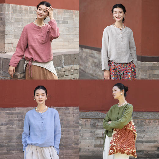 绽放572朵/重磅皱纹亚麻半开襟下摆抽绳设计感圆领长袖衬衫女秋季 商品图0
