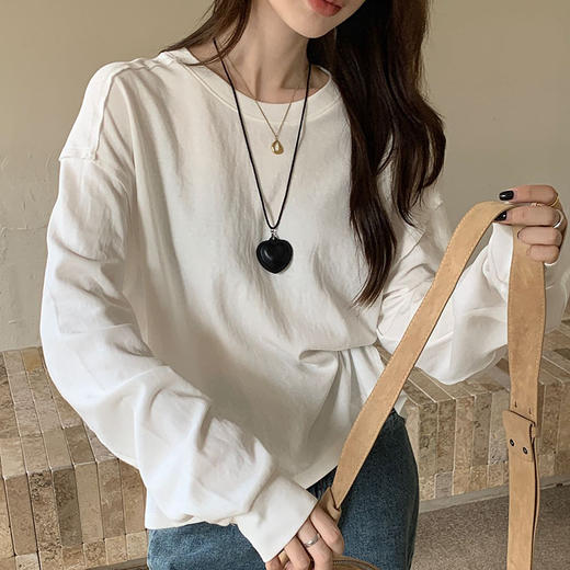 秋季新款圆领棉质长袖T恤 2025宽松百搭显瘦慵懒风纯色打底上衣 商品图2