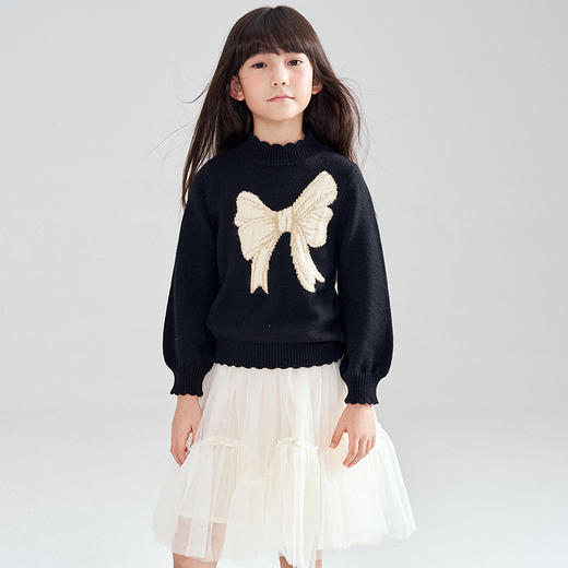 笛莎Deesha 2025冬季新款女童甜美蝴蝶结提花半高领套头针织衫 商品图4