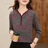 丁摩 条纹长袖t恤女春秋季内搭可外穿上衣正肩v领打底衫5ZF-30109 商品缩略图3