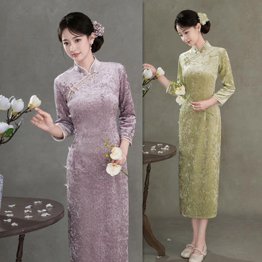 SKY 801310丝绒扎染长款复古国风纯色中式大码旗袍裙 商品图0