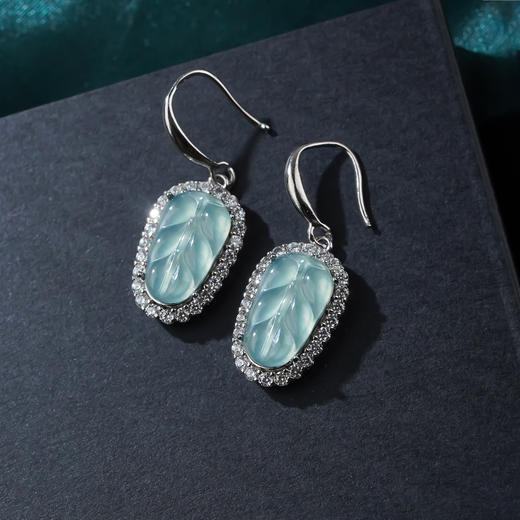 丁摩 新中式天然蓝水翡翠冰种蓝水叶子镶嵌女款高级感轻奢耳环饰品5ZF-SY102 商品图1