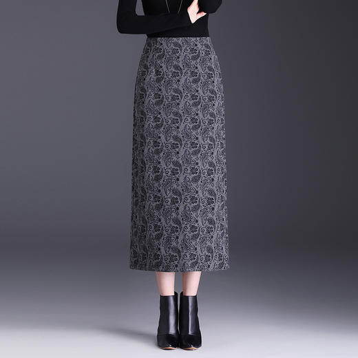 MYX通勤印花时尚直筒裙长款开叉一步裙2025年秋季新款高腰显瘦半身裙 商品图1