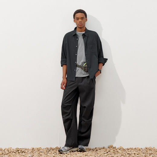 714street纯色长袖上衣2025秋休闲抗皱衬衫男微宽松落肩衬衣外套 商品图3