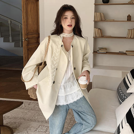 HR MDN25007法式蕾丝拼接风衣外套韩版宽松大衣 商品图3