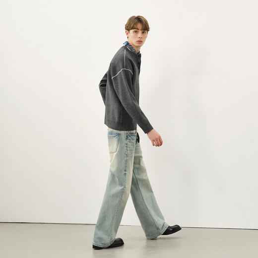 714street高密抗起球亨利领毛衣男2025秋冬季落肩宽松针织衫上衣 商品图3