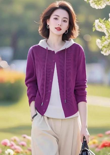 时尚显气色树莓色，洋气假两件连帽针织衫LJX-547 商品图0