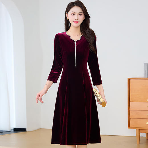QYM 1852-Y金丝绒礼服裙中长款连衣裙妈妈装长款A字裙 商品图0