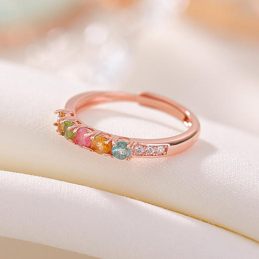 碧玺彩宝银手饰S925纯银玫瑰金色，彩色五连圆珠戒指CW-JZ07035 商品图2