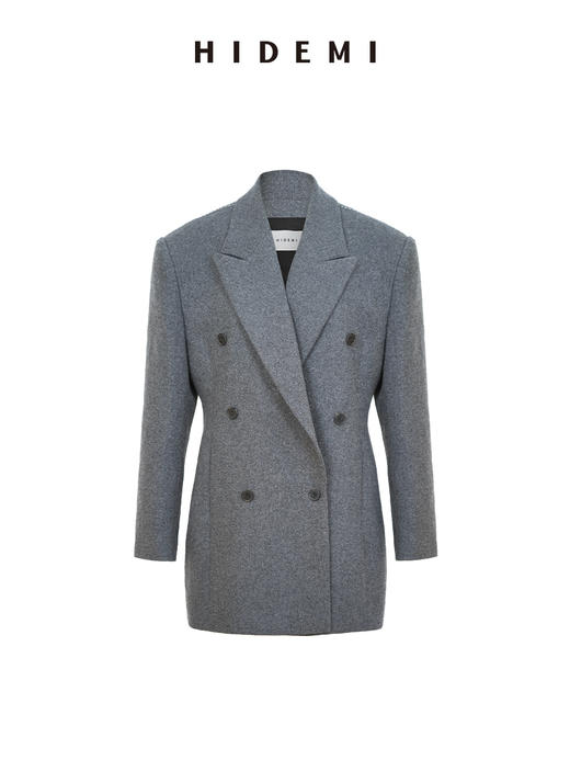 HIDEMI 进口美利奴羊毛毛呢西装外套双排扣中长款收腰显瘦大衣女 商品图5