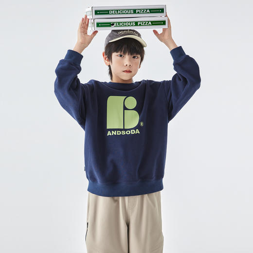 蓝汽水25年冬季新款亲子中大童字母印花圆领卫衣纯色绒感保暖上衣 商品图1