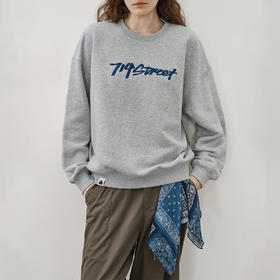 714street LOGO刺绣圆领加绒卫衣男2025秋冬潮牌情侣宽松长袖T恤